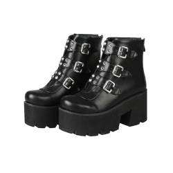 QZYGWCS Frauen Stiefeletten Blockabsatz Plateau Gothic Stiefel Punk Stiefel Keilabsatz Schnalle Nieten Blockabsatz Stiefel (Schwarz, Erwachsene, 37, Numerisch, EU Schuhgrößensystem, M) von QZYGWCS