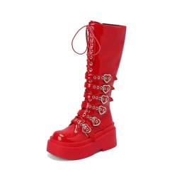 QZYGWCS Knie High Plateau-Stiefel,Schnalle,Nieten,Punk,Gothic,Damen Vintage Stiefel Mit ReißVerschluss Oktoberfest (Rot, Erwachsene, 38, Numerisch, EU Schuhgrößensystem, M) von QZYGWCS