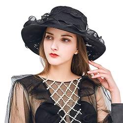 Damen Organza Hut Wide Brim Sonnenhut Blumen Schlapphut Sonnenschutz Strandhut mit Kinnriemen Sommerhut UV-Schutz Sonnenmütze Fascinator Hut Elegant Kappe für Urlaub Hochzeit Kirche Party (Schwarz) von Qchomee