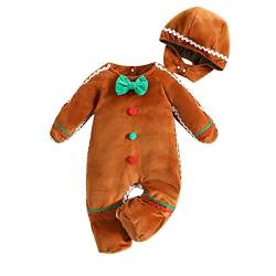 Qianderer Baby Lebkuchenkostüm Junge Mädchen Weihnachten Outfit Lebkuchenmann Strampler Overall Footies mit Hut Süßes Cosplay Outfit, Ba Brown, 0-3 Months von Qianderer