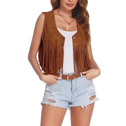 Qianderer Damen Quaste Ärmellose Weste Faux Wildleder Fransen Weste Jacke 70er Jahre Hippie Kostüm Boho Western Jacke Mantel, Xa Brown, S von Qianderer