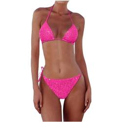 Bikini-Sets für Damen Sexy String Bikini Pailletten Neckholder Bikini High Waist Triangel Bikini Tanga Push Up Zweiteilige Badeanzug Bauchweg Bikini Oberteil Sommer Einfarbig Sport Bikini Set von QingHUImao