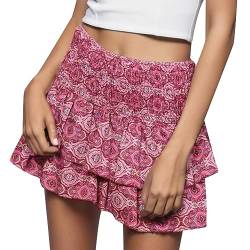 Minirock Damen Kurz Boho Rock High Waist Mini Sommerrock Volant Rock Damen Elegant Blumendruck Röcke Doppel Schicht Kuchen Rock A-Linie Moden Blumenrock Rüschen Damenrock Sommer Sexy Faltenrock von QingHUImao