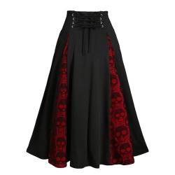 Mittelalter Kleidung Damen - 2023 Frauen Retro Mittelalter Elastische Hohe Taille Boho Maxi Rock Casual Kordelzug A Linie Langer Rock Knielang Röcke für Mädchen Größe A Linie (Black #1, XXXL) von QingHUImao