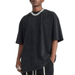 Qiqilyly Oversized Heavy Basic Tshirt Herren Retro Baumwolle Shirts MäNner Vintage Oversize Hip Hop Lockere T-Shirt Sommer Kurzarm Baggy Tops(Black-2XL) von Qiqilyly