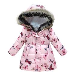 Qiraoxy Kinderkleidung Mädchen Winter Dicken Mantel Rosa Schmetterlingsdruck Langärmelige Kapuze Winddichte Jacke Warme Reißverschlussknopf Dicke Warme Baumwolle Parka Mantel (Rosa 120) von Qiraoxy