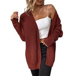 Qiyun.z Strickjacke für Damen, Strickjacke mit Fledermausärmeln, Strickpullover mit Waffelmuster, Rostrot S von Qiyun.z