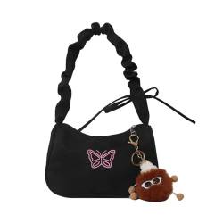 Trendige Damen Umhängetasche Modische Nylon Achseltaschen Plissee Handtasche mit Einzigartigem Stickerei Schmetterling Muster, Schwarz von Qsvbeeqj