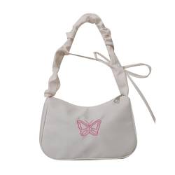 Trendige Damen Umhängetasche Modische Nylon Achseltaschen Plissee Handtasche mit Einzigartigem Stickerei Schmetterling Muster, weiß von Qsvbeeqj