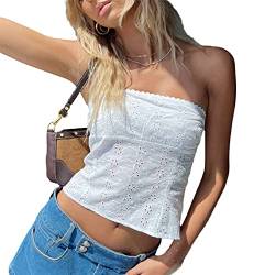 Qtinghua Y2k Tube Tops für Frauen Mode Spitzenbesatz Trägerlos Durchsichtiges Mesh Crop Top Sexy Bandeau Camisole Tank Top Streetwear, K# Weiß, Small von Qtinghua