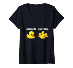 Damen Lustiges Spielzeug Gummiente How it Started How It's Going Kids T-Shirt mit V-Ausschnitt von Quacktastic Duck Party Outfit