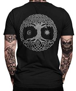 Yggdrasil Baum Wikinger Viking Valhalla Odin Thor Nordmann Wolf Nordische Mythologie Skal Norse B Herren Männer T-Shirt | Schwarz | M | Beidseitig von Quattro Formatee