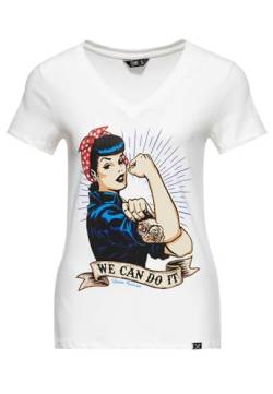 Queen Kerosin Damen Kurzarm T-Shirt Vintage Print We Can Do It V Ausschnitt Slim Fit Retro Empowerment 50S Rockabilly Rockabella 1950S We Can Do It von Queen Kerosin