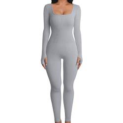 Qumiuu Yoga-Jumpsuits für Damen,Langarm-Jumpsuit für Damen,Figurbetonter Jumpsuit mit langen Ärmeln und quadratischem Ausschnitt | Ganzkörper-Overall für Damen, Langarm-Body von Qumiuu