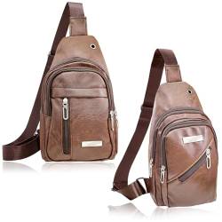 QuneusHot 2 Stück Sling Taschen für Crossbody Kleiner Leder Rucksack Anti Diebstahl Casual Brusttasche Reise Wandern für Männer Frauen, Kaffee von QuneusHot