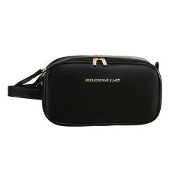 Multifunktionale Make-up-Tasche für Damen, PU-Leder, große Kapazität, tragbar, doppelter Reißverschluss, Reise-Make-up-Pinsel, Toilettenartikel-Aufbewahrungstasche, Schwarz , Schwarz von Qxiao