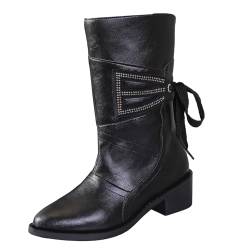 QzSSbii Cowgirl-Cowboystiefel zum Schnüren für Damen, mittelhohe Wadenstiefel, breite Wadenstiefel für Damen, Lederstiefel, braune Stiefel und schwarze Stiefel, spitzer Zehenbereich, niedriger Absatz, von QzSSbii