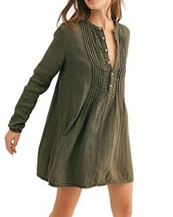 R.Vivimos Damen Casual Solid Langarm Button Up Lose Blusen Pullover Tunika Tops Kleid (Armeegrün, Small) von R.Vivimos