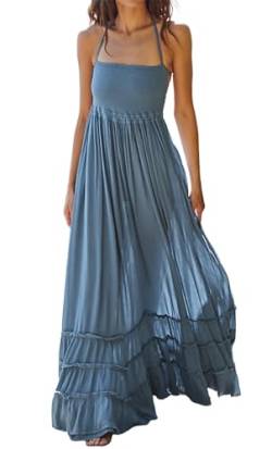 R.Vivimos Damen Sommer Boho Neckholder Langes Maxikleid Ärmelloses Rüschensaumkleid(L,HazeBlau) von R.Vivimos