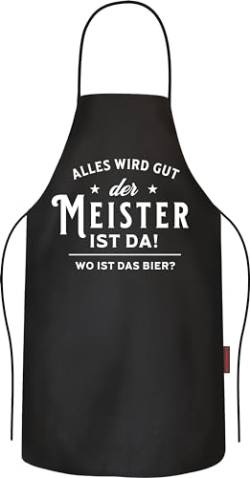 RAHMENLOS Geschenk für Handwerks-Meister: Der Meister ist da, alles wird gut - Grillschürze Kochschürze Küchenschürze Baumwolle schwarz von RAHMENLOS