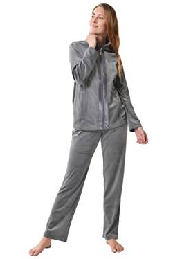 RAIKOU Damen Hausanzug Velours Nicki Freizeitanzug Trainingsanzug Jogginganzug Schlafanzug mit Reißverschluss umschlossen von Satin, Freizeit Zweiteilige Set Oberteil und Hose (Grau,48/50) von RAIKOU