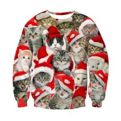 RAISEVERN Weihnachtspullover Hässliche Herren Christmas Kat Sweater Männer 3D Coole Druck Weihnachtsmütze Lustige Damen Weihnachtspulli Party Geschenk, S von RAISEVERN