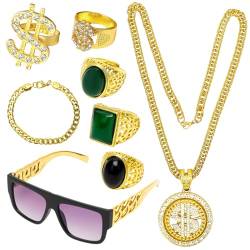 RANJIMA 8 Stück Zuhälter Kostüm, 80er 90er Hip Hop Disco Kostüm Goldkette Fasching, Outfit Herren Rapper Accessoires, Gangster Goldkette Ringe Sonnenbrille DollarKette für Karneval Fasching Mottoparty von RANJIMA