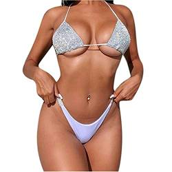 RARITYUS Damen-Bikini, glitzernd, glitzernd, Pailletten, glänzender String-BH, sexy Badeanzug, Strandkleidung, B Weiß, Medium von RARITYUS