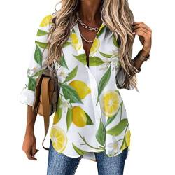 RBAZYFXUJ Damen-Bluse, Zitronengelb mit Blumen und Blättern, langärmelig, Hemd mit Knopfleiste für Arbeit, Party, Zitrone mit Blumen und Blättern, X-Large von RBAZYFXUJ