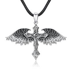 REDSUN Engelsflügel Halskette Schutzengel Flügel Kette 925 Sterling Silber Retro Kreuz Gothic Schwarz Engelsflügel Anhänger Glaube Amulett Schmuck Geschenk für Männer Frauen Unisex von REDSUN