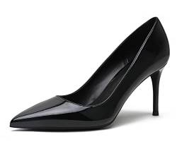 Damen Stiletto High Heels Breite Pumps Spitze Lackleder Pump Schuhe Schwarz 40.5 EU von REKALFO