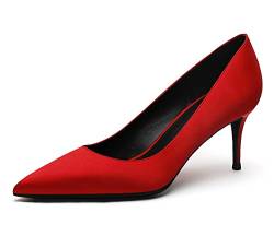 Damen Wide Mid Heels Pumps für Hochzeitsfeier Büro Satin Pump Schuhe Rot 37 EU von REKALFO