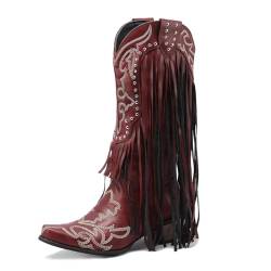 REKALFO Frauen Kniehohe Stiefel Schlüpfen Sie rein Gestapelter Absatz Fransen Nieten Niedlich Bequem Vintage Spitz zulaufende Absätze für Frauen Western Cowboy Stiefel Rot 41 EU von REKALFO