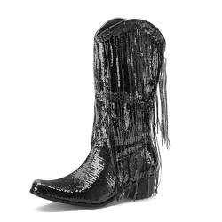 REKALFO Schlüpfen Winterstiefel für Frauen Gespitzte Zehe Gestufter Absatz Niedlich Casual Wide Calf Cowboy Stiefel Frauen mit Fransen Pailletten Schwarz 38 EU von REKALFO