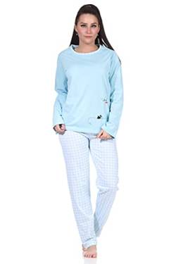 Damen Langarm Schlafanzug Pyjama mit süssen Katzen Motiv und Karierter Jersey Hose, Farbe:hellblau, Größe:44-46 von RELAX by Normann