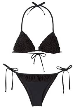 RELLECIGA Damen Rüschen Dreieck Bikini Badeanzug String Halfter Zweiteilige Badeanzüge, Schwarz, Medium von RELLECIGA