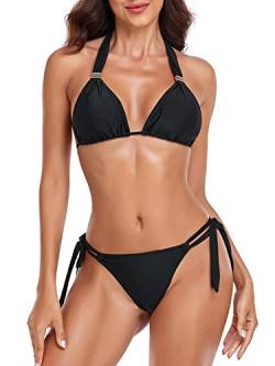 RELLECIGA Damen Triangle Bikini Badeanzug String Halfter Zweiteilige Tanga Badeanzüge, Schwarz, S von RELLECIGA