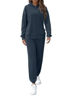 REORIA Damen Baumwolle Kapuzenpullover und Jogginghosen Zweiteiler Jogginganzug Elegant Langarm Trainingsanzug Hausanzug Sport Set Lounge Set Marineblau M von REORIA