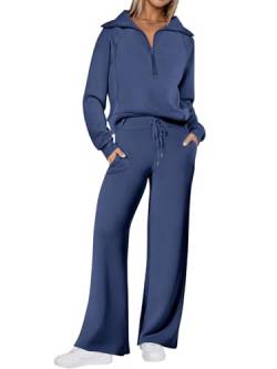 REORIA Damen Baumwolle Reißverschluss Revers Trainingsanzug Jogginganzug Zweiteiler Elegant Langarm Hausanzug Sport Set Lounge Set Dunkelblau S von REORIA