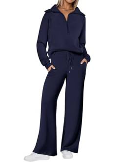 REORIA Damen Baumwolle Reißverschluss Revers Trainingsanzug Jogginganzug Zweiteiler Elegant Langarm Hausanzug Sport Set Lounge Set Marineblau XL von REORIA