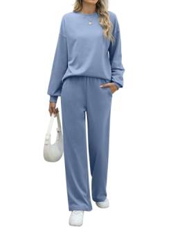 REORIA Damen Baumwolle Rundhals Jogginganzug Langärmliges Oberteil und weite Hose Zweiteiler Trainingsanzug Hausanzug Sport Set Lounge Set Grau Blau L von REORIA