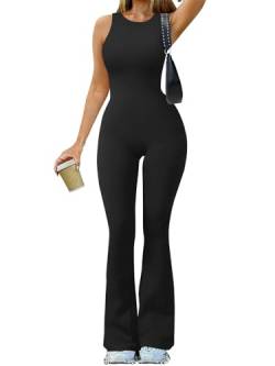 REORIA Damen Flare Jumpsuits Sexy Rundhalsausschnitt ärmellos Trendy Workout Ausgehen Outfits Schwarz XL von REORIA