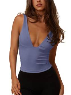 REORIA Damen Sexy Tiefe V Ausschnitt Ärmellos V Rückenfrei Tank Top Workout Yoga Crop Tops Blau Nova L von REORIA