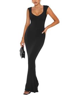 REORIA Damen Sexy eckig V-Ausschnitt Flügelärmel Elegantes Lounge Langkleid Geripptes figurbetontes Maxikleid Schwarz XL von REORIA