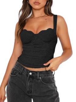 REORIA Damen Sommer Sexy Quadratischer Ausschnitt Ärmellos Ausgehen Spitze Bustier Tank Crop Tops Schwarz S von REORIA