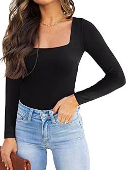 REORIA Damen langarm Bodysuit Sexy eckiger Ausschnitt doppelt gefüttert Overalls Schwarz L von REORIA