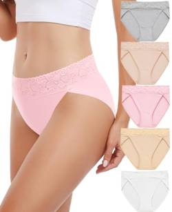 RHYFF Unterhosen Damen Baumwolle Hipster Unterwäsche Frauen Spitze Slip Damen Atmungsaktiv Stretch Panties Damen Weich Damen Slips Mehrpack S-XXL(RDE3168M-Pink) von RHYFF