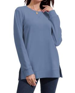 RIROW Damen Pullover Lässig Langarmshirt Elegant Herbst Winter Rundhals Sweatshirt Langarm Shirts Loose Slit Hem Oberteile Haze Blau XXL von RIROW