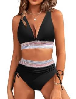 RITOSTA Damen Bikini Set Bauchweg High Waist Badeanzug Push Up Bademode Kordelzug Side Zweiteiliger Badeanzüge Sexy V Ausschnitt Bikinis für Frauen Swimsuits von RITOSTA