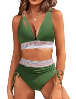 RITOSTA Damen Bikini Set Bauchweg High Waist Badeanzug Push Up Bademode Kordelzug Side Zweiteiliger Badeanzüge Sexy V Ausschnitt Bikinis für Frauen Swimsuits von RITOSTA